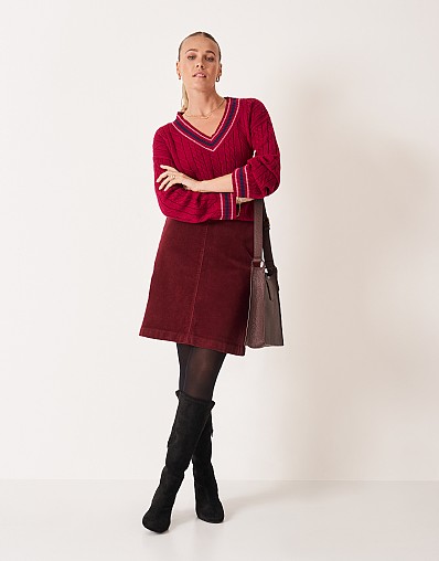 Cord A-Line Mini Skirt in Burgundy Red