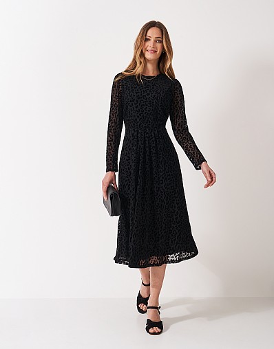 Marten Leopard Print Flock Tulle Jersey Mesh Dress in Black