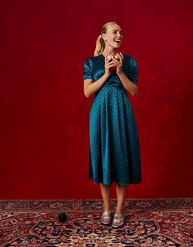 Siobhan Satin Wrap-Front Dress in Teal Green Foulard Dot Print
