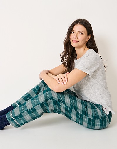 Cotton-Flannel Pyjama Bottoms in Green Pink Check
