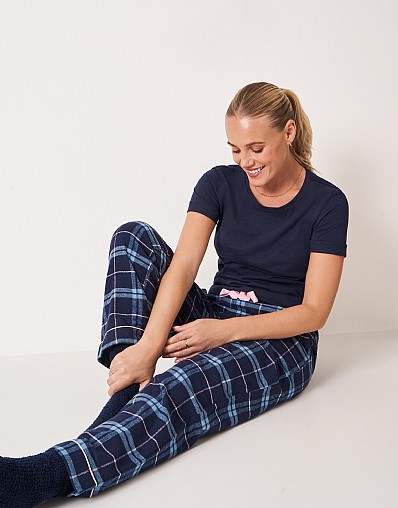 Cotton-Flannel Pyjama Bottoms in Navy Check
