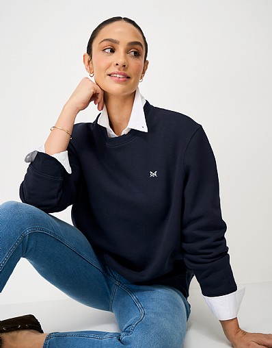 Crew Neck Cotton Blend Sweatshirt in Navy