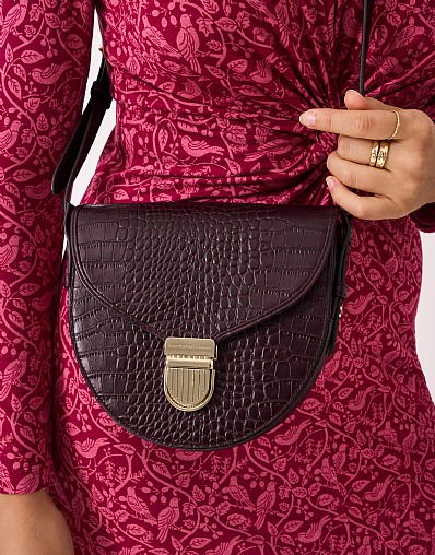 Mini Leather Croc Satchel in Burgundy