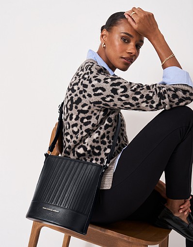 Woven Emboss Leather Bucket Bag in Black