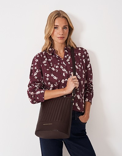Woven Emboss Leather Bucket Bag in Chocolate Brown