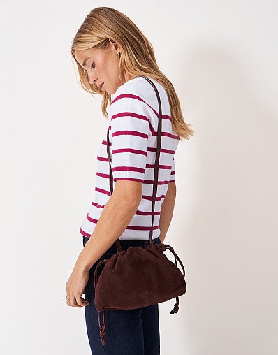Drawstring Crossbody Bag in Chocolate Brown Suede