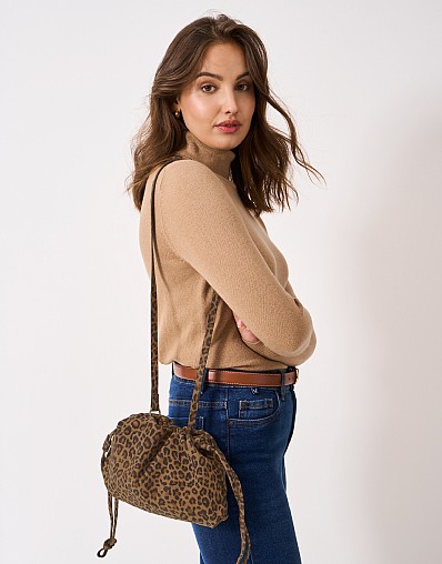 Drawstring Crossbody Bag in Leopard Print Suede