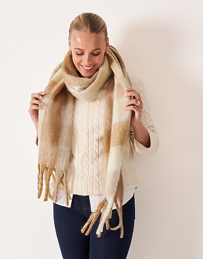 Brushed Check Scarf in Ivory & Beige