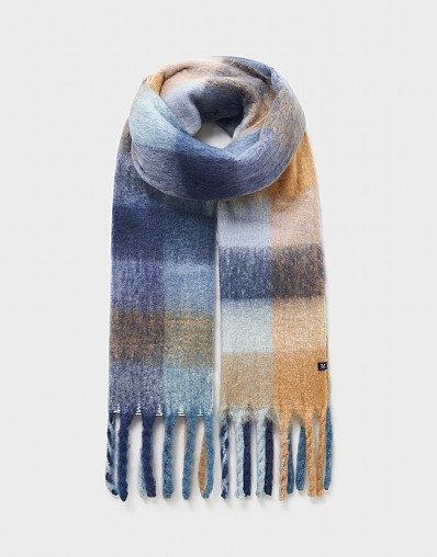Brushed Check Scarf in Beige & Blue Marl