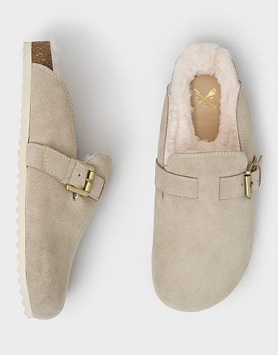 Faux Fur Lined Suede Mule Slipper in Taupe