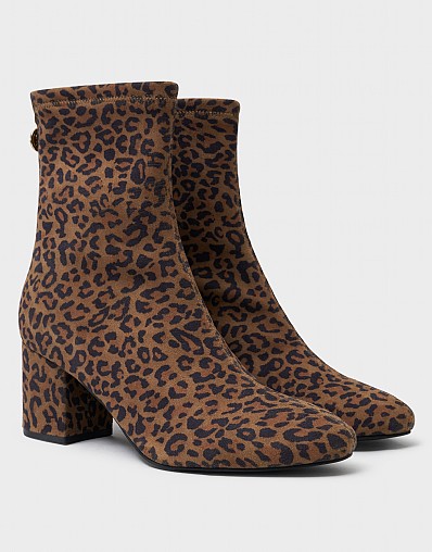Stretch-Suede Ankle Boot in Brown Leopard Print