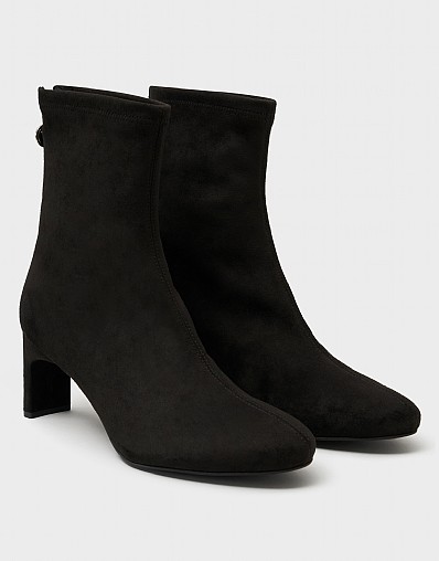 Stretch-Suede Slim-Heel Ankle Boot in Black