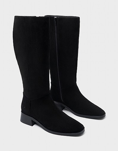Suede Square-Toe Knee-High Boot in Black