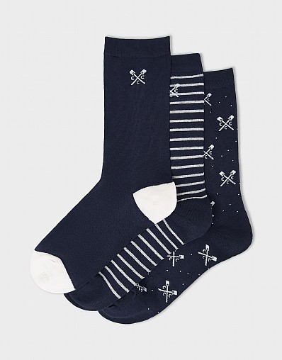 3 Pack Bamboo Socks in Oars Navy Stripe