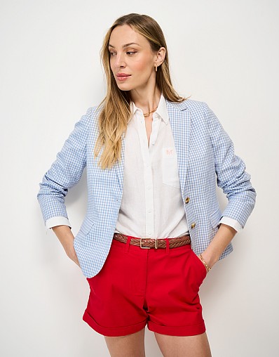 Gingham Linen Blend Classic Blazer in Blue and White