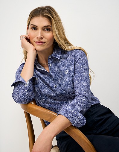 Cotton Lulworth Shirt in Navy Floral Spot Print