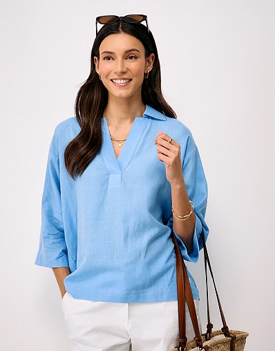 Anya Linen Blend Popover Shirt in Blue