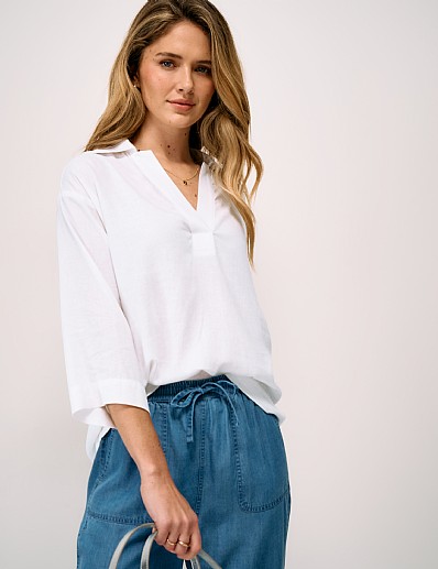 Anya Linen Blend Popover Shirt in White
