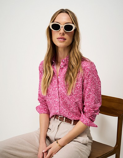 Relaxed-Fit Linen-Blend Shirt in Pink Hibiscus Print