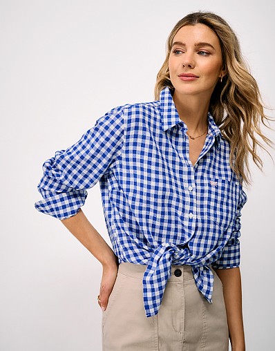 Relaxed-Fit Linen-Blend Shirt in Blue & White Gingham
