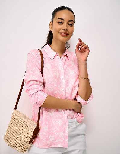 Relaxed-Fit Linen-Blend Shirt in Pink Floral Print