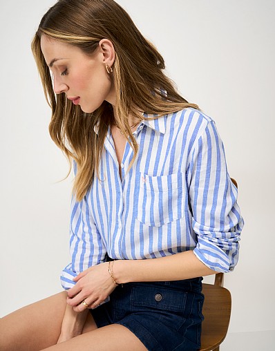 Relaxed-Fit Linen-Blend Shirt in Blue & White Stripe