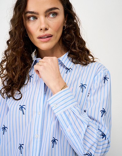 Relaxed Fit Embroidered Cotton Poplin Shirt in Blue and White Stripe