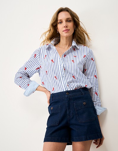 Relaxed Fit Embroidered Cotton Poplin Shirt in Navy and White Stripe