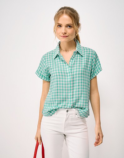 Relaxed Linen-Blend Shirt in Blue Gingham Print
