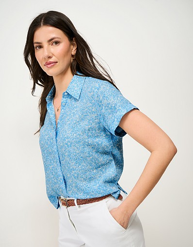 Relaxed Linen-Blend Shirt in Blue Hibiscus Print