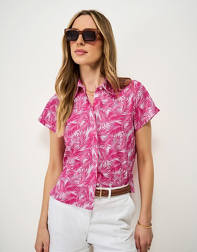 Relaxed Linen-Blend Shirt in Pink Hibiscus Print