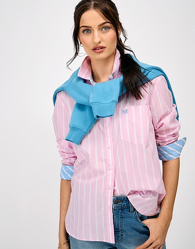 Relaxed Fit Cotton Poplin Shirt in Pink and White Stripe