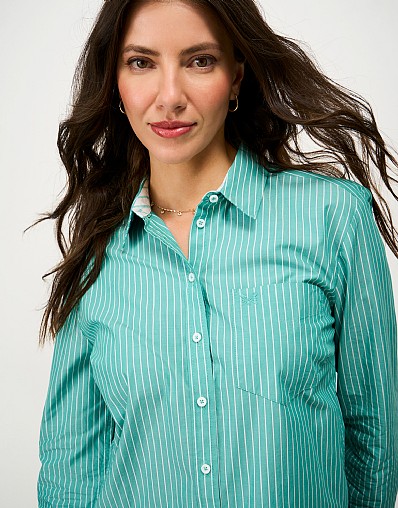 Relaxed Fit Cotton Poplin Shirt in Green & White Stripe