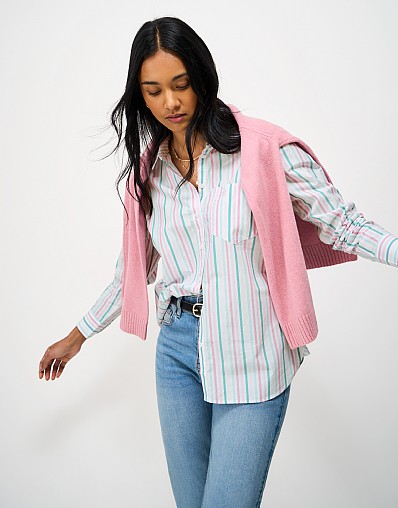 Relaxed Fit Cotton Poplin Shirt in White, Pink & Green Multi-Stripe