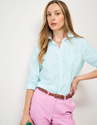 Relaxed Fit Cotton Poplin Shirt in Teal Blue & White Stripe