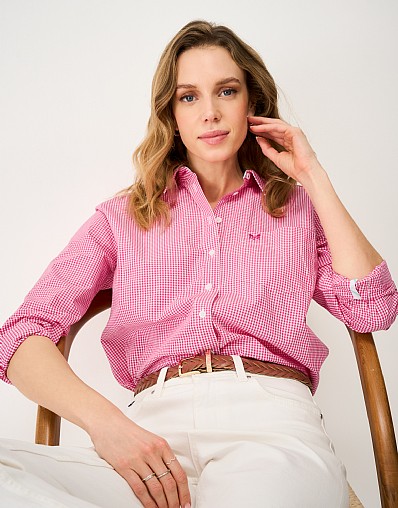 Relaxed Fit Cotton Poplin Shirt in Raspberry Gingham