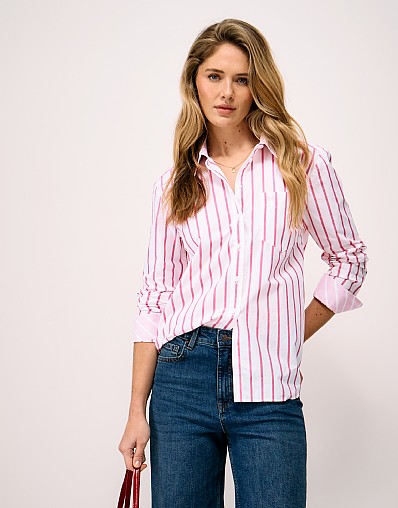 Relaxed Fit Cotton Poplin Shirt in Pink and White Stripe