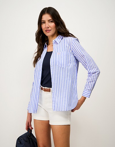 Cotton Relaxed-Fit Seersucker Shirt in Blue & White Stripe