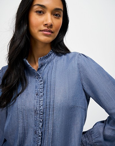 Emila Chambray Frill Blouse in Blue