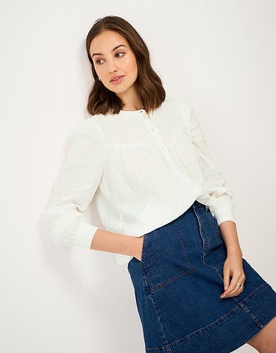 Emmy Embroidered Cotton Button-Through Blouse in White