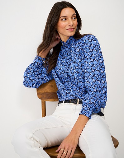Harmony Cotton Frill Blouse in Blue Daisy Print