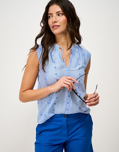 Olivia Cotton Dobby Tie-Neck Blouse in Blue