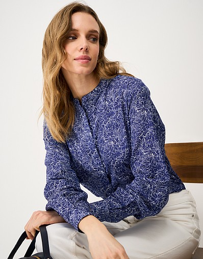 Savannah Cotton-Viscose Blouse in Blue Hibiscus Print