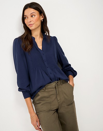 Abigail Pintuck Blouse in Navy Blue