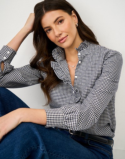 Harmony Frill Flannel Blouse in Navy & White Gingham