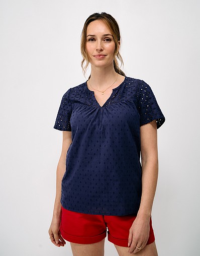 Kylie Broderie Cotton Blouse in Navy