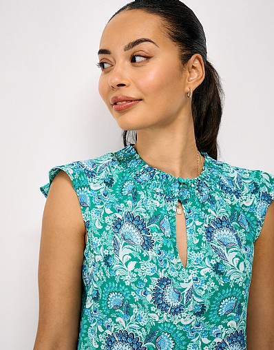 Dara Viscose Sleeveless Paisley Blouse in Blue and Green