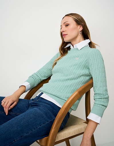 Heritage Cable Crew Neck Jumper with Cashmere in Light Blue
