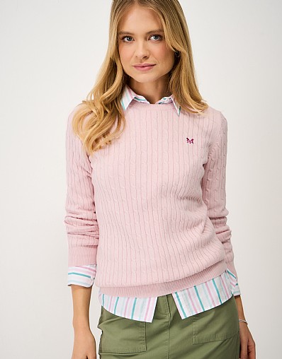 Heritage Cable Crew Neck Jumper with Cashmere in Light Pink