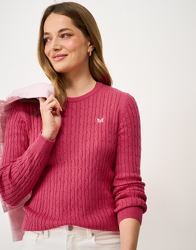 Heritage Cable Crew Neck Jumper with Cashmere in Pink
